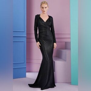 Talbot Runhof New Long Sleeve V Neck Shimmer Gown Size 36/6